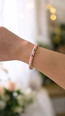 Pembe Mor Yaprak Desenli Mineli Çelik Bilezik