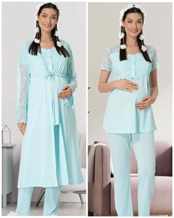 Mecit 5440 Turkuaz  Dantelli Sabahlıklı Lohusa Pijama Takımı