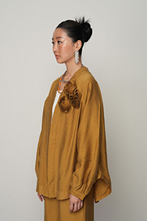 Kadın Gül Detaylı Düz Renk Oversize Kesim Kimono