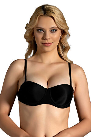 Kadın Siyah Balenli Askısı Çıkabilen Destekli B Cup Sütyen