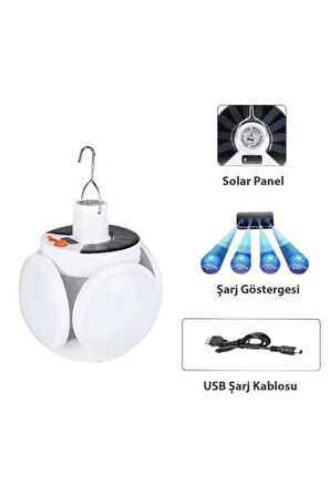 Solar Güneş Enerji Ve Usb Sarjlı 5 Kanatlı Bahçe Aydınlatma Askılı Pratik Çok Amaçlı Lamba