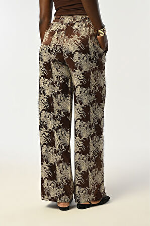 KADIN BELİ LASTİKLİ BOL PAÇA KARIŞIK DESENLİ KAHVERENGİ PANTOLON