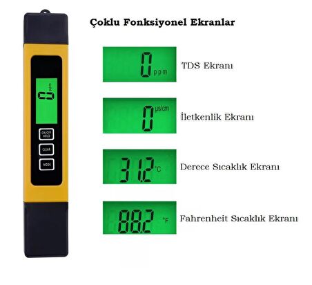 TDS Sıcaklık iletkenlik Metre 3 in 1 Ölçüm LED Işıklı Su Sıvı Analiz Cihazı