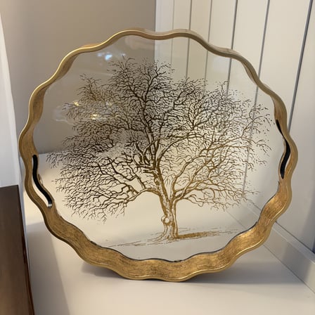 Gold Tree Cam Servis Tepsisi – Altın Çerçeveli Dekoratif Sunum Tepsisi