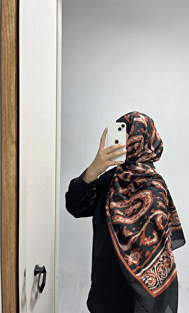 Aminenesil Etnik Desen  Siyah Kiremit Renk Soft Pamuk Şal