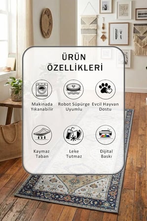 A-23 Yıkanabilir Yolluk Halı Kaymaz Taban Salon Mutfak Vizon