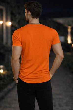 BYBÜLENT Erkek Turuncu Oval Yaka Tişört Açık Yaka Likralı Slim Fit T-shirt