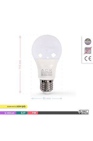 Ack 9W LED Ampul 3000K Günışığı E27 8'li EKO PAKET