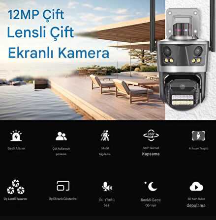 12 MP 6K 8X Zoom 3 Lensli Çakarlı Su GeçirmezHarek Sensörlü Ip Güvenlik Kamerası CMR56
