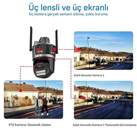 12 MP 6K 8X Zoom 3 Lensli Çakarlı Su GeçirmezHarek Sensörlü Ip Güvenlik Kamerası CMR56