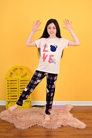 kız çocuk kısa kollu pijama takımı love bear somon