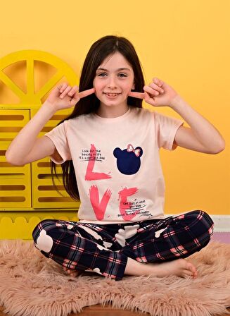 kız çocuk kısa kollu pijama takımı love bear somon