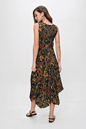 Etnik Desen Asimetrik Viskon Elbise Haki