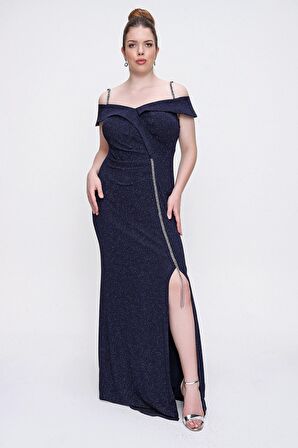 Taşlı İp Askılı Önü Yırtmaçlı Astarlı Büyük Beden Uzun Elbise Lacivert