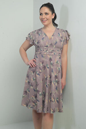 Kruvaze Yaka Kolu Volanlı Astarlı Büyük Beden Empirme Keten Elbise