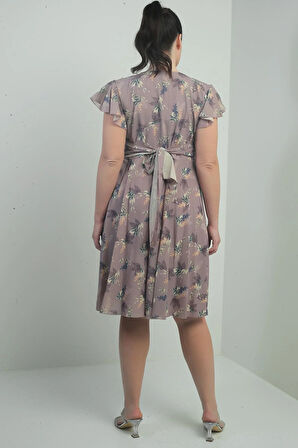 Kruvaze Yaka Kolu Volanlı Astarlı Büyük Beden Empirme Keten Elbise