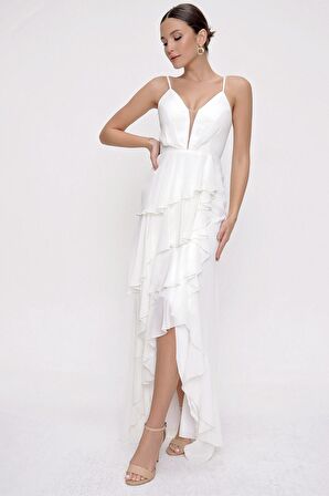 İp Askılı Kat Kat Volanlı Astarlı Şifon Uzun Elbise Ekru