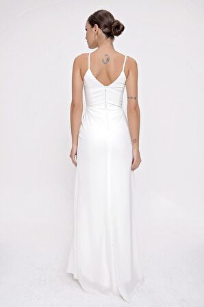 İp Askılı Kat Kat Volanlı Astarlı Şifon Uzun Elbise Ekru