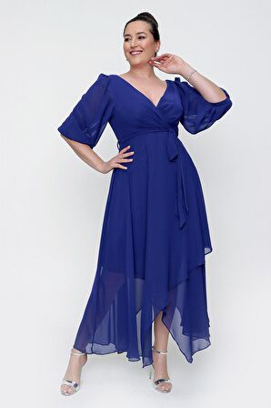 Kruvaze Balon Kollu Uzun Şifon Elbise Saks