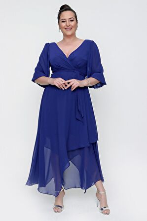 Kruvaze Balon Kollu Uzun Şifon Elbise Saks