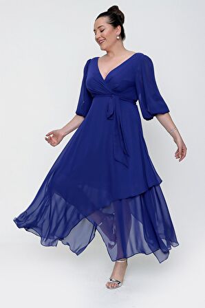 Kruvaze Balon Kollu Uzun Şifon Elbise Saks