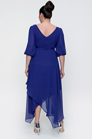 Kruvaze Balon Kollu Uzun Şifon Elbise Saks