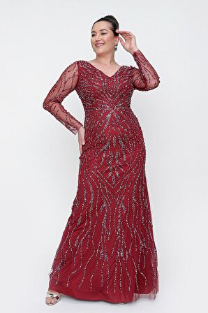 Ön Arka V Yaka Kolları Tüllü Astarlı TAşlı Uzun Bü