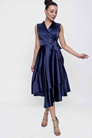 Kruvaze Yaka Bağcıklı Saten Elbise Lacivert