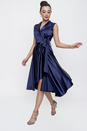 Kruvaze Yaka Bağcıklı Saten Elbise Lacivert