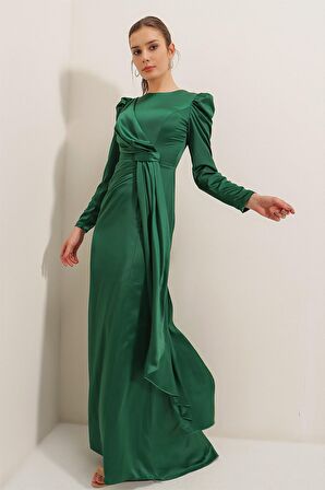 Önü Pile Detaylı Astarlı Uzun Kollu Saten Uzun Elbise Zümrüt