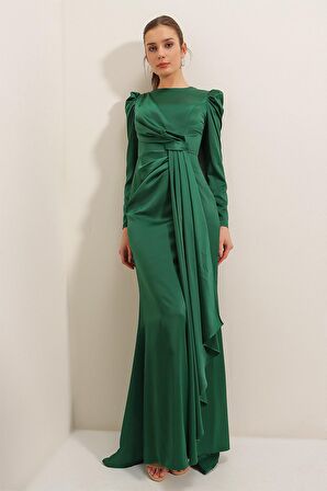 Önü Pile Detaylı Astarlı Uzun Kollu Saten Uzun Elbise Zümrüt