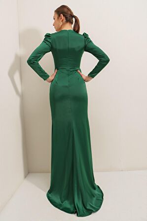 Önü Pile Detaylı Astarlı Uzun Kollu Saten Uzun Elbise Zümrüt
