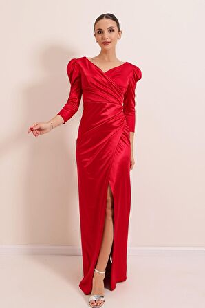 Kruvaze Yaka Yanı Büzgülü Astarlı Uzun Saten Elbise Kırmızı