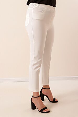 Beli Lastikli En Boy Likralı Büyük Beden Pantolon Ekru