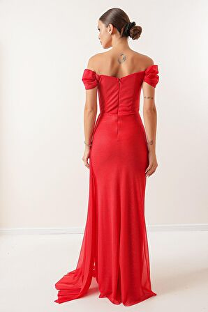 Önü Büzgülü Düşük Kol Astarlı Simli Uzun Elbise Kırmızı