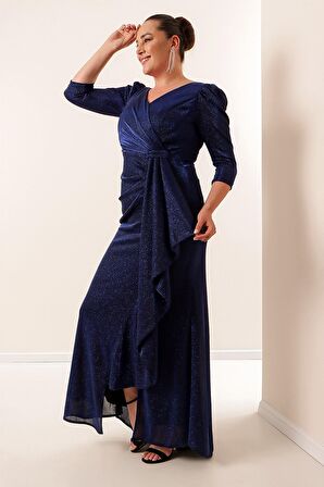 Önü Volanllı Astarlı Simli Büyük Beden Elbise Saks