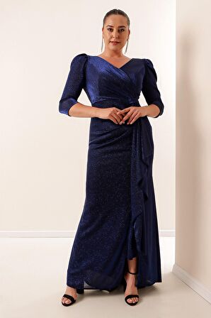 Önü Volanllı Astarlı Simli Büyük Beden Elbise Saks