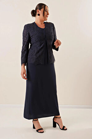 Boncuk İşlemeli Güpürlü Astarlı Elbise Ceket Büyük Beden 2'li Takım