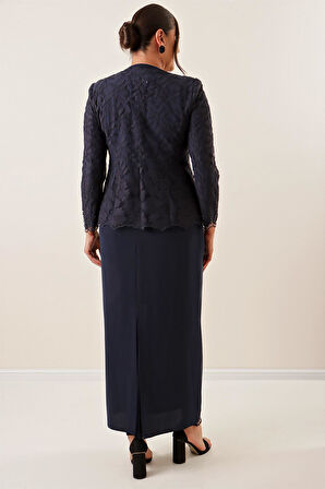 Boncuk İşlemeli Güpürlü Astarlı Elbise Ceket Büyük Beden 2'li Takım