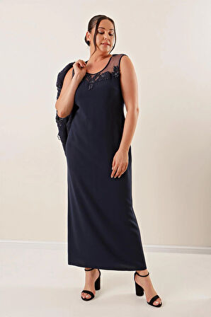 Boncuk İşlemeli Güpürlü Astarlı Elbise Ceket Büyük Beden 2'li Takım