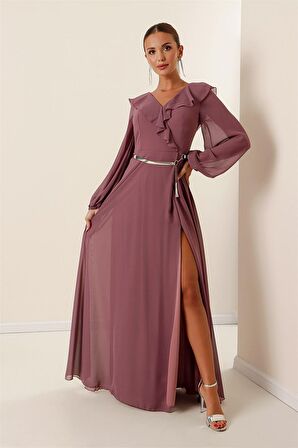 Önü Volanlı Balon Kollu Kemerli Şifon Uzun Elbise Lila