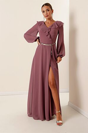 Önü Volanlı Balon Kollu Kemerli Şifon Uzun Elbise Lila