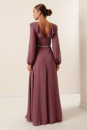 Önü Volanlı Balon Kollu Kemerli Şifon Uzun Elbise Lila