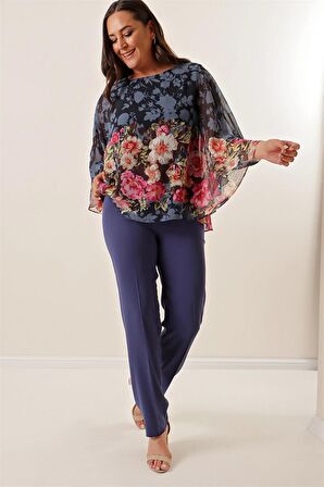 Yanları Lastikili  İthal Krep Geniş Beden Pantolon İNDİGO