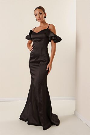 İp Askılı Düşük Kollu Arkası Bağcıklı Astarlı Uzun Saten Elbise Siyah