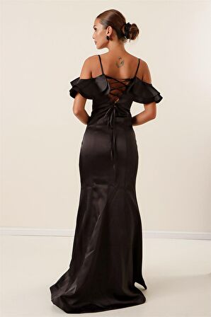 İp Askılı Düşük Kollu Arkası Bağcıklı Astarlı Uzun Saten Elbise Siyah