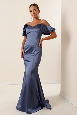 İp Askılı Düşük Kollu Arkası Bağcıklı Astarlı Uzun Saten Elbise İNDİGO