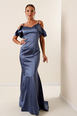 İp Askılı Düşük Kollu Arkası Bağcıklı Astarlı Uzun Saten Elbise İNDİGO