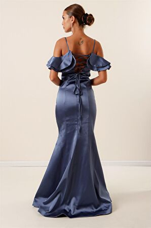 İp Askılı Düşük Kollu Arkası Bağcıklı Astarlı Uzun Saten Elbise İNDİGO
