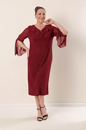 Yaka Ve Kollar Şifon Astarlı Likralı Simli Büyük Beden Elbise Bordo